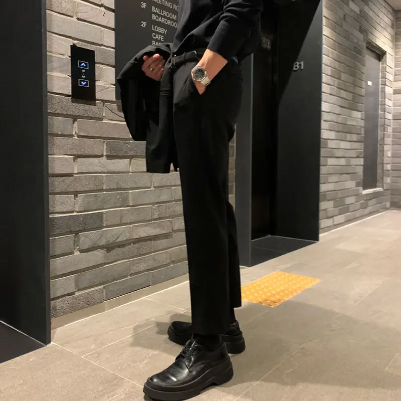 Spring Autumn 2023 Men's Suit Pants Slim Business Office Solid Color Straight Nine Point Classic Korean Trousers Male N55