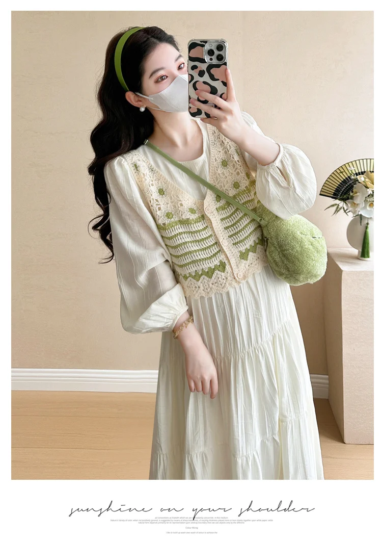 Korean Style Pregnant Woman Dress Suits Fashion Striped Vest Long Sleeve Ball Gown Dress Twinset Plus Size Maternity Clothes Set