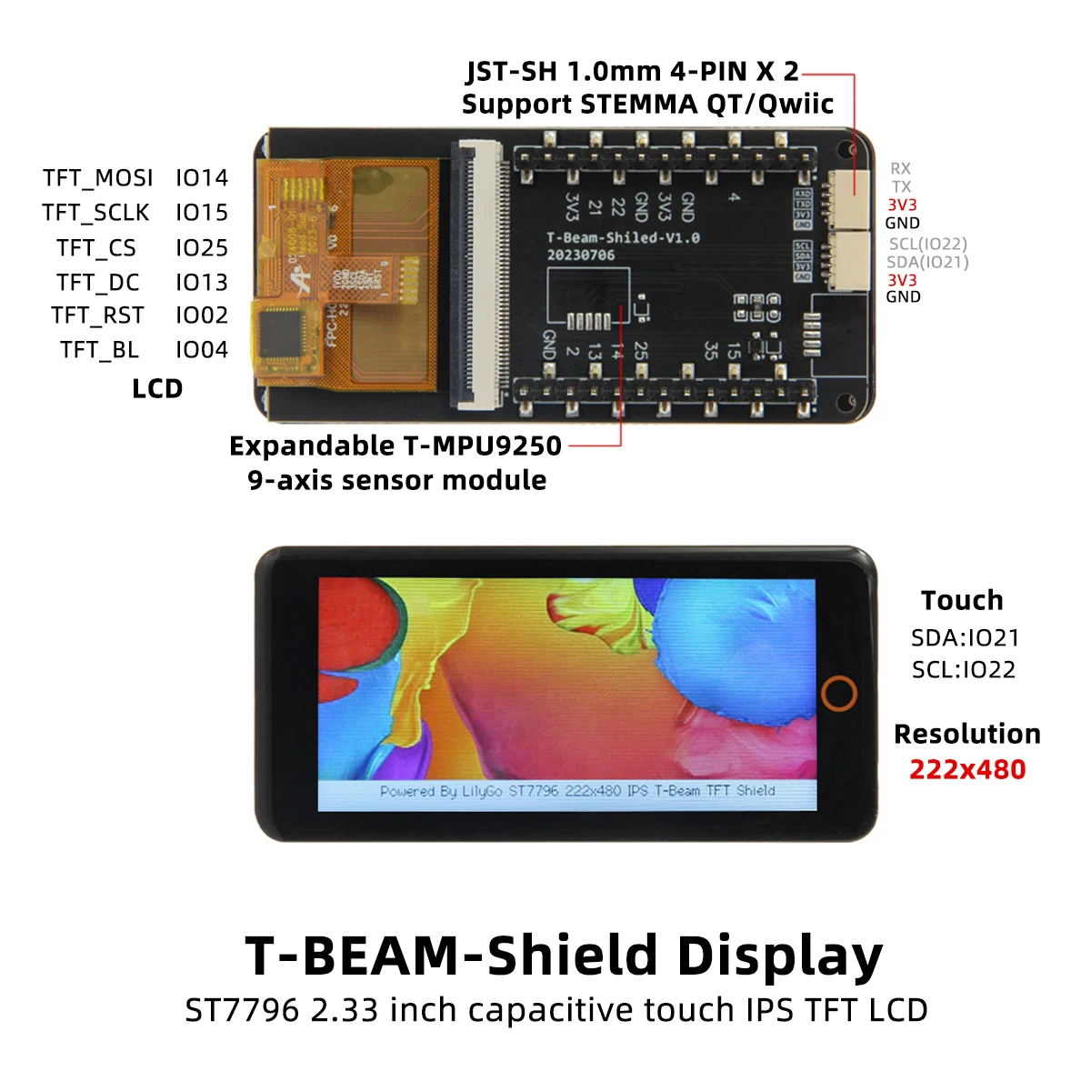 ® T-Beam-Shield Display 2.33-inch ST7796 Capacitive Touch IPS TFT LCD Screen Exp