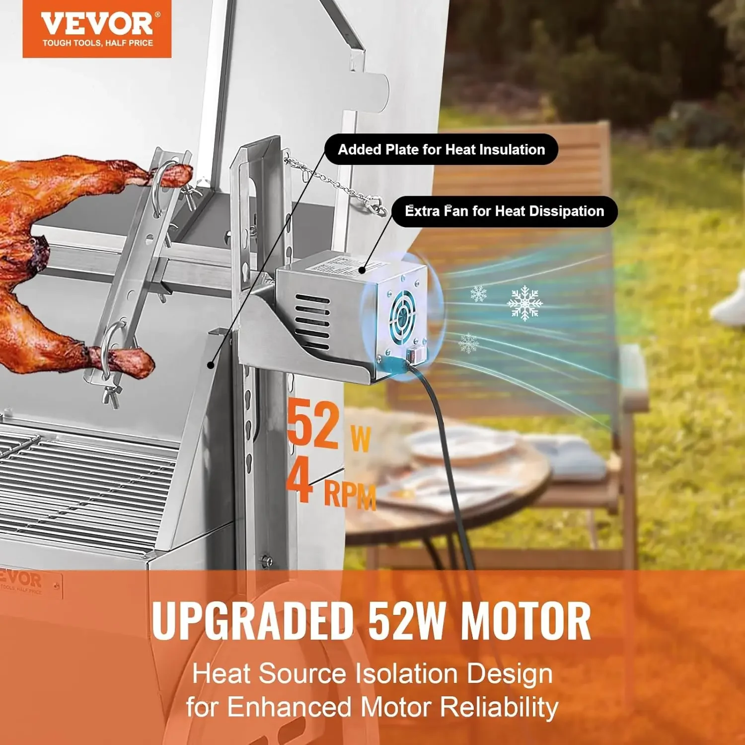 Grill with Hooded Cover Roaster, 46 Inch 198Lbs Capacity, BBQ Outdoor Pig Lamb Rotisserie Roaster, Electric 52W Motor Stainless 2