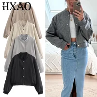 HXAO Cropped Bomber Jackets For Women Autumn Long Sleeve Baseball Jacket Woman Fashion Winter Button Aviator Jackets Streetwear