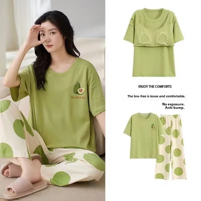 طقم بيجامة نسائي لربيع وخريف وسادة صدر وأكمام قصير...