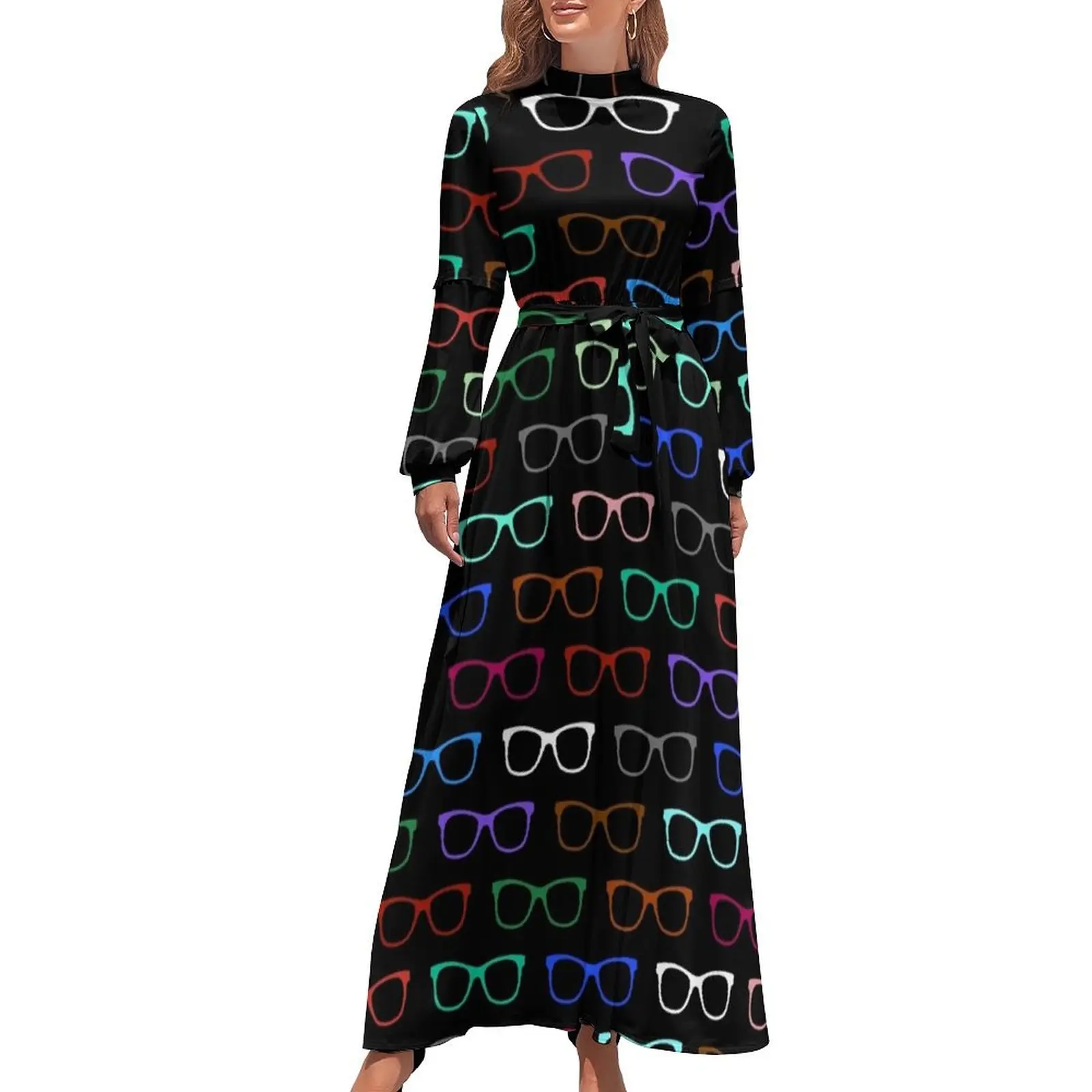 Patrón de anteojos coloridos hipster II Vestido largo Vestidos de mujer para mujer 2024 Vestidos de manga larga