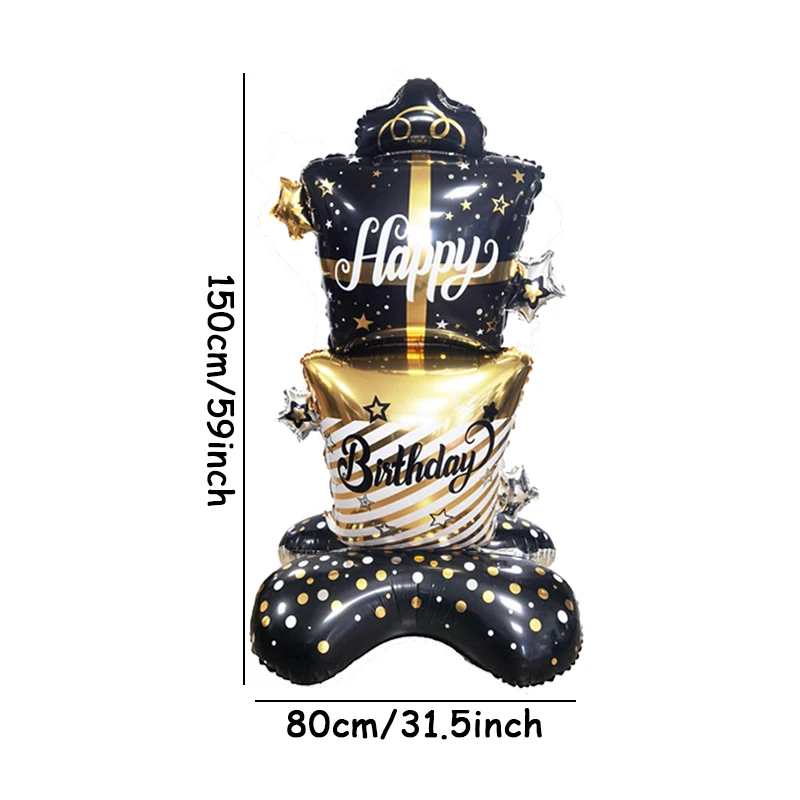 생일 축하 호일 풍선, 골드 블랙 스탠딩 풍선 선물 상자 모양 풍선, 생일 파티 장식 용품, 1 개