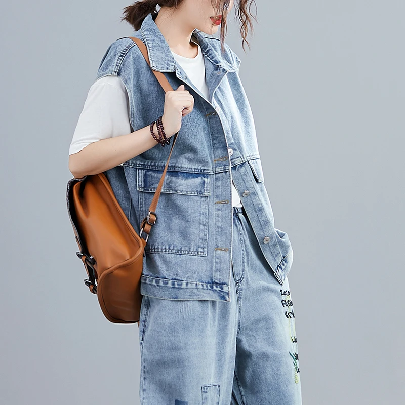 Women Denim Jacket Sleeveless Spring Loose Tops Solid Pockets Vest for Women Casual Coats