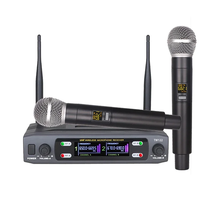

Беспроводной ручной Двухканальный UHF микрофон с фиксированной частотой, динамический микрофон для караоке, свадебной вечеринки, церковного шоу