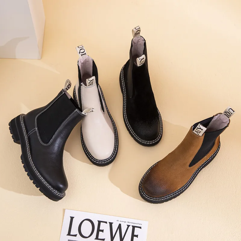 Women's Chelsea Boots Genuine Leather Autumn Winter Trend Thick-soled Ankle Boots All-match Marton Ladies winter boots ankle boots