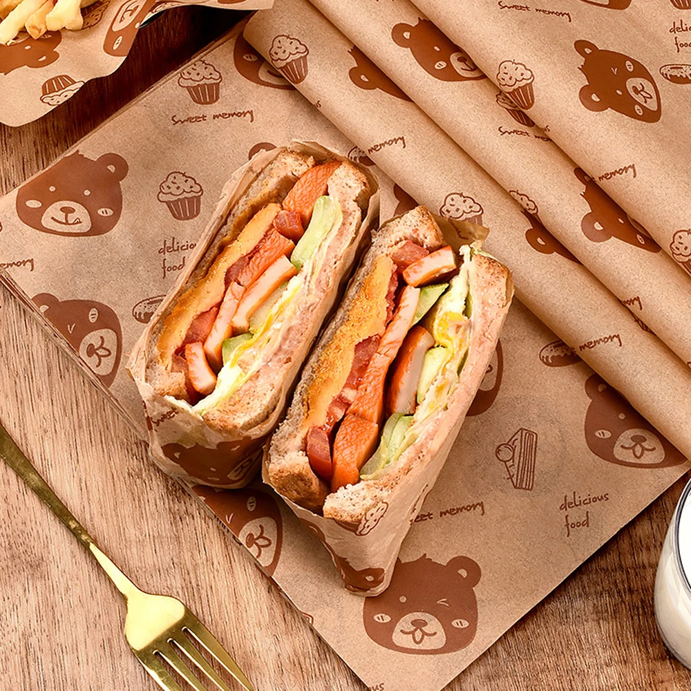 Baking Oil Paper Cute Bear Sandwich Bread Burger Fries Wrapping Paper Oil-Absorbing Kitchen Backing Mat 100 Sheet