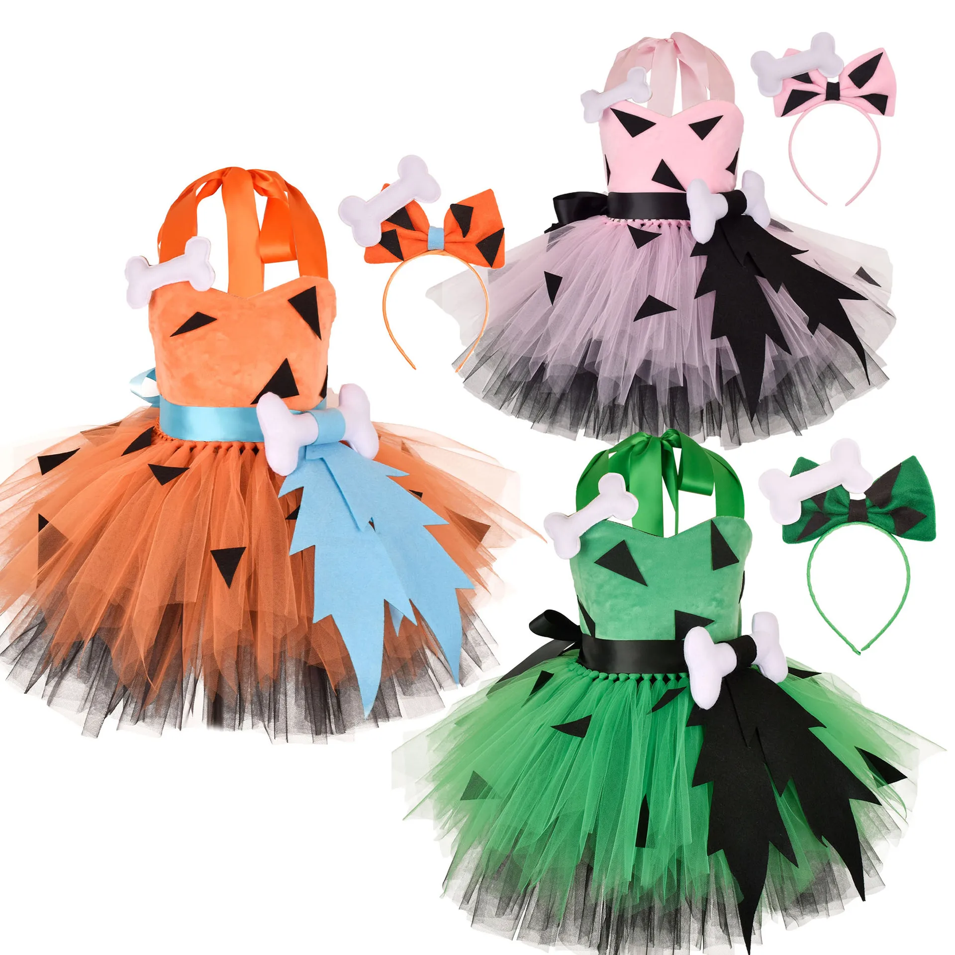 Cosplay Costume Kids Girls Dress Halloween Dress Outfit Baby Halloween Flinstones Pebbles With Hairpin Stage Performance 12Y