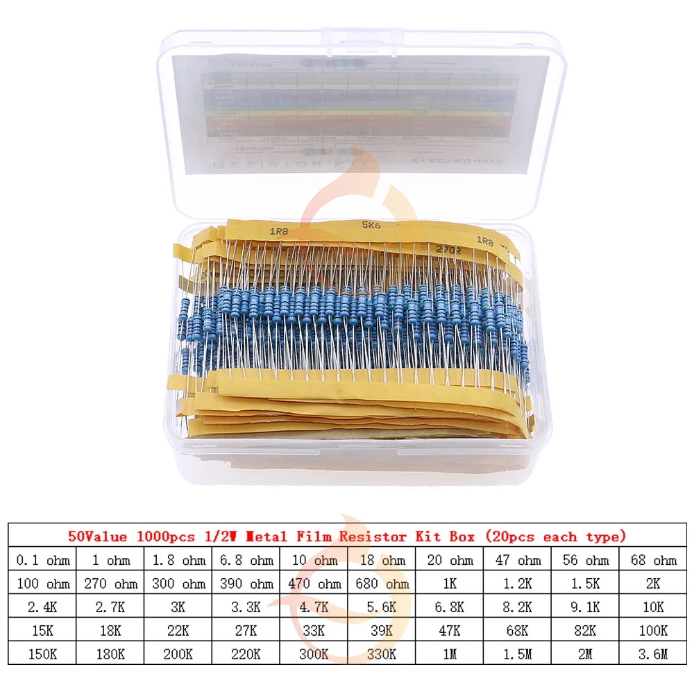 1/8W 1/4W 1/2W 1W 2W 3W 0&Omega;~10M&Omega; 1% Metal Film Resistor Resistance Assortment Kit With box metal film resistor kit