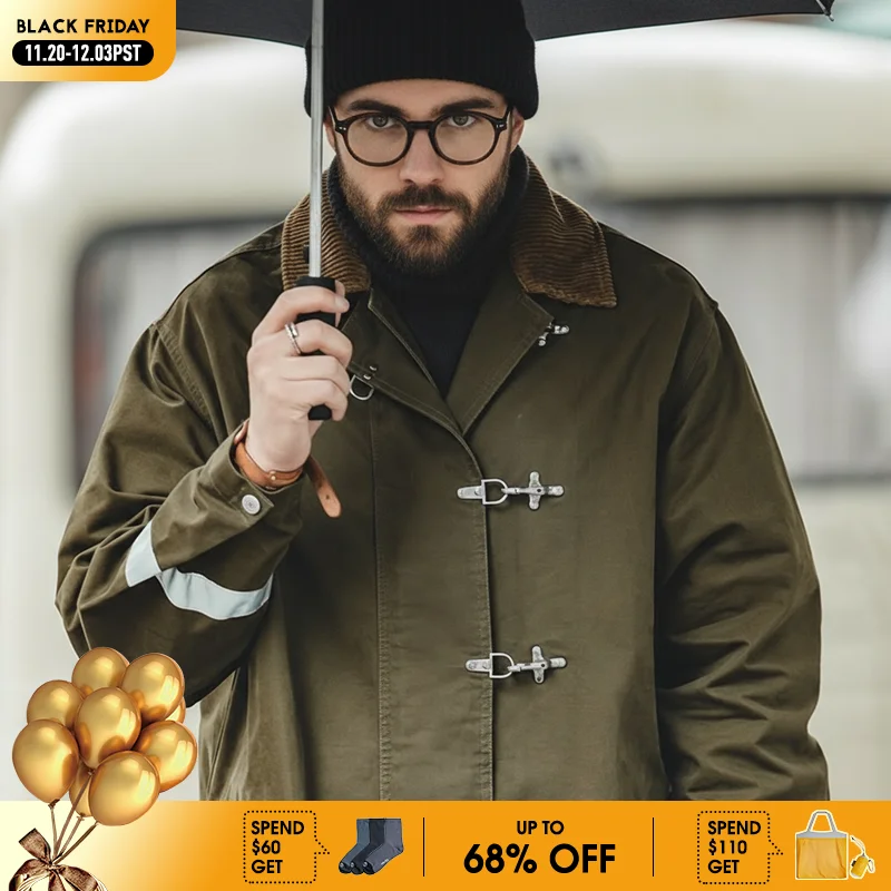 Maden Vintage Corduroy Turn-down Trench Coat for Men Autumn Dark
