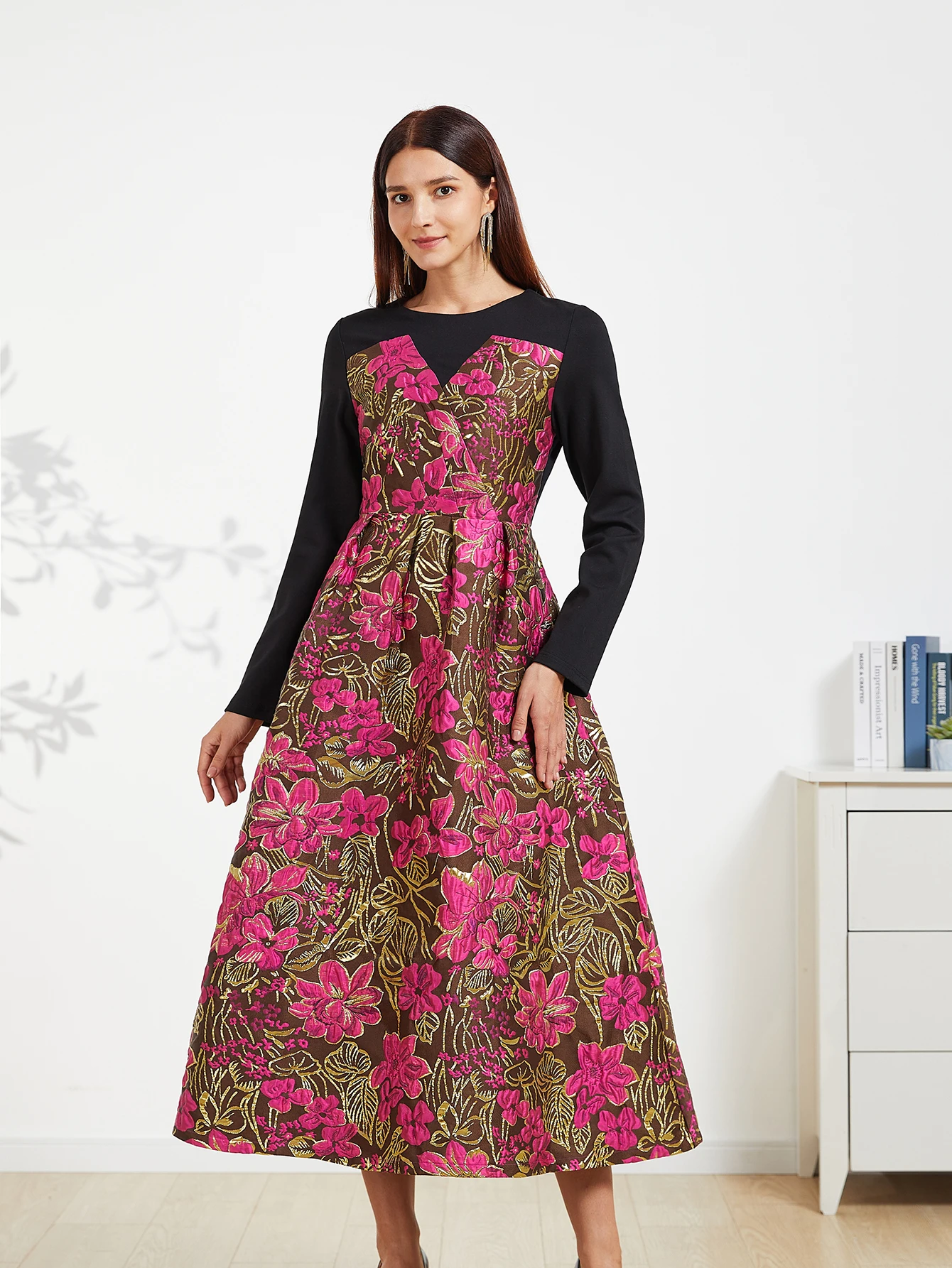 DEVCHATA Qualität Vintage Damen Jacquard Kleid Neue elegante Abendkleider gespleißt ​ ​ Langes Ballkleid mit Blumenmuster für Frühling und Herbst – Detail 7