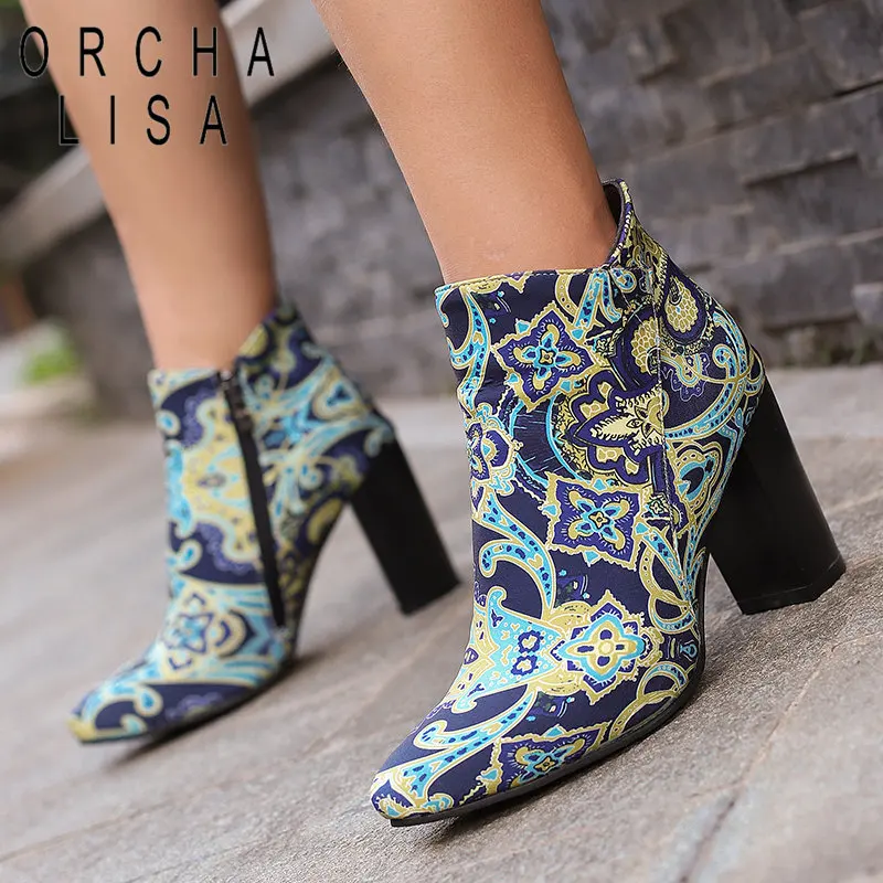 

ORCHA LISA 32 33 Printing Floral Women Ankle Boots Round Toe Chunky Heels 8.5cm Zipper Plus Size 47 48 Fashion Daily Female Bota