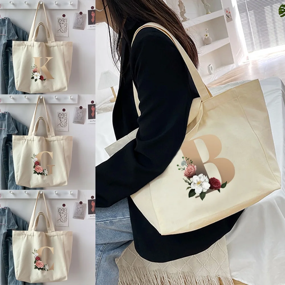 Fashion Gold Letter Name Printing Foldable Shopping Bag Tote Shoulder Bag Handbags Large-capacity for Travel Shopper Grocery Bag
