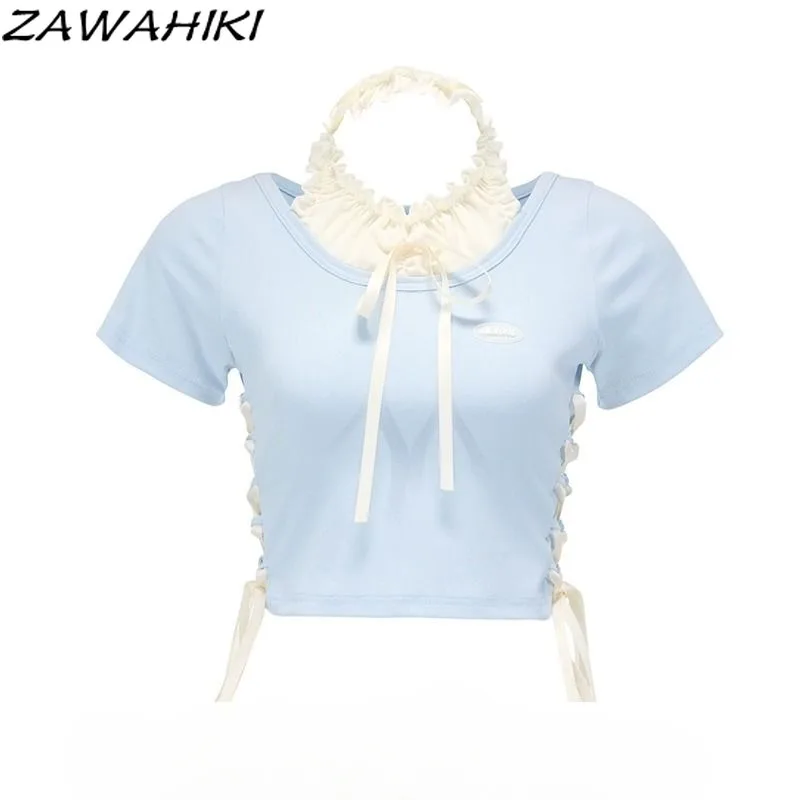 

Crop Top Patchwork Bow Halter Top Female Bandage Sweet Ruffles Women's T-shirts Contrast Color Preppy Casual Mujer Camisetas