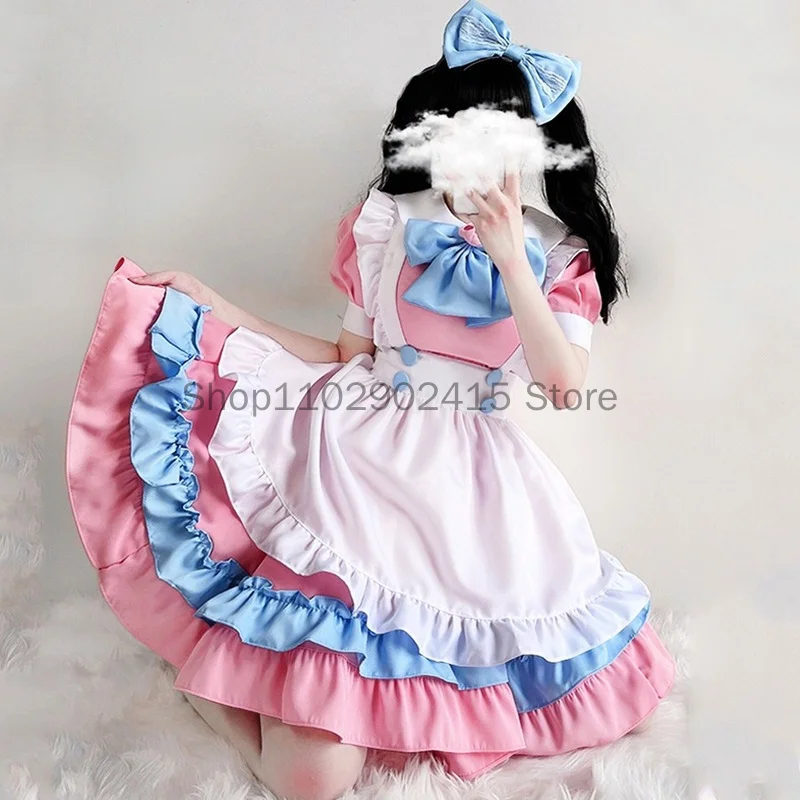 

Women Lolita Dress Anime Cosplay Maid Dress Pink Blue Lace Trim Apron Dresses Uniform Cute Cat Maid Servant Costumes Outfits