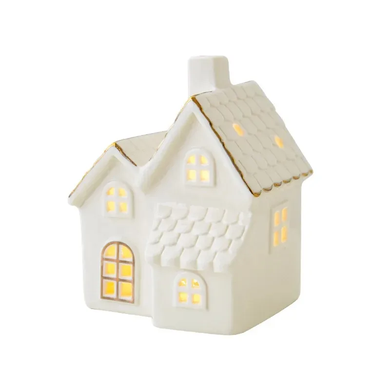 Miniature Christmas Village Houses Decor Snowflake LED Glowing Castle White Porcelain Desktop Ornament Christmas Decorations