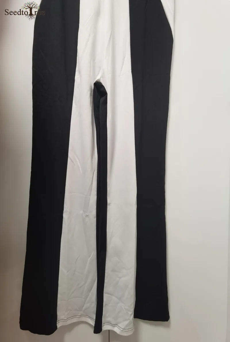 Sexy V Neck Thick Strap Colorblock Bootcut Rompers Women Jumpsuit Workwear (No Belt)