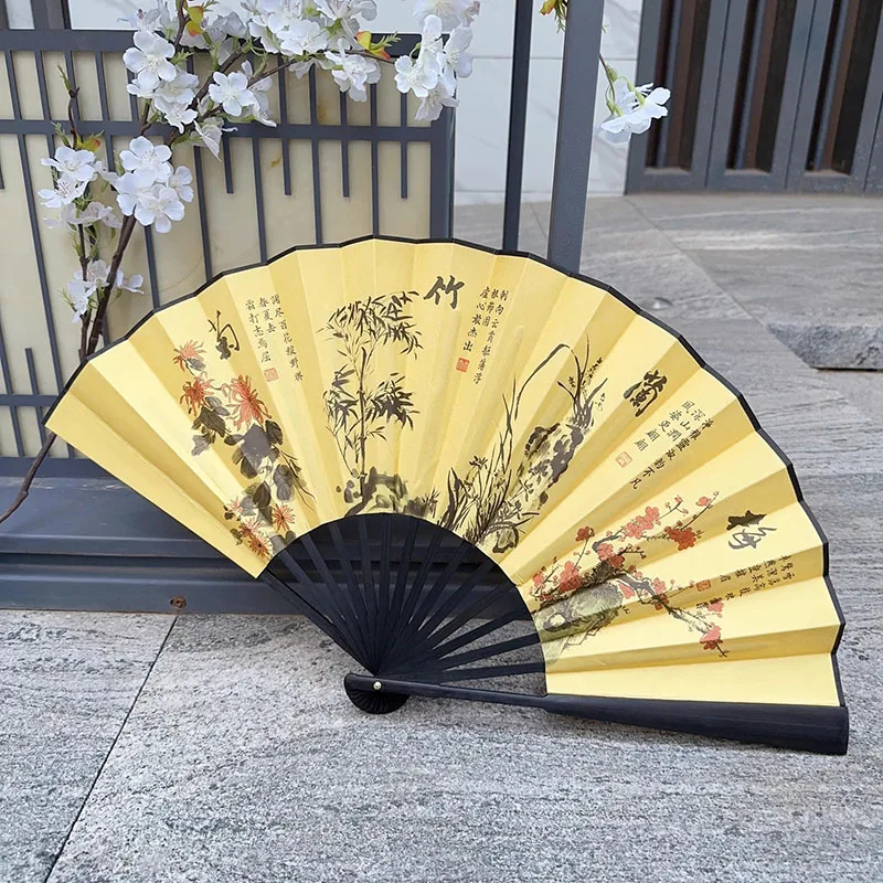 10 Inch Chinese Folding Fan for Men - Traditional Silk Bamboo Hand Fan, Vintage Hanfu Summer Cooling Fan with Case