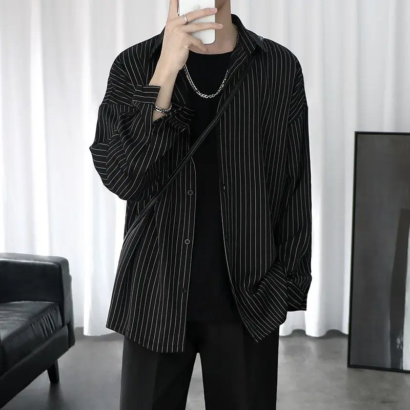 2023 New Spring and Autumn Fashion Hong Kong Style Polo Neck Stripe Casual Loose Fashion Versatile Long Sleeve Men's Thin Shirt