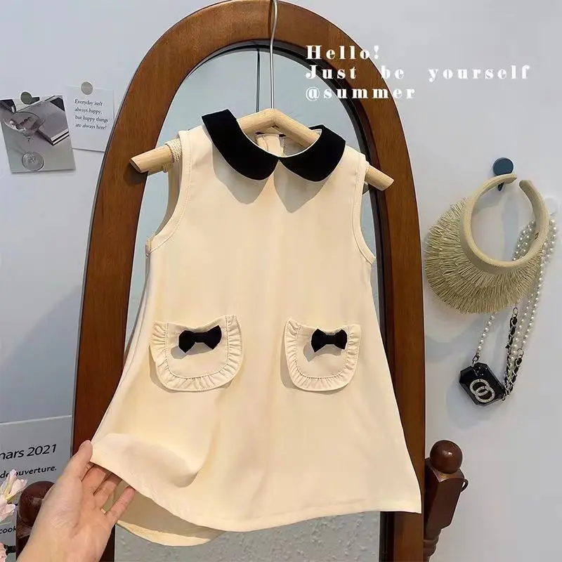 

Girls Little Fragrant Bow Baby Girl Solid Chiffon Cool and Fashionable Tank Top Skirt 2023 Summer New Girls Simple Dress