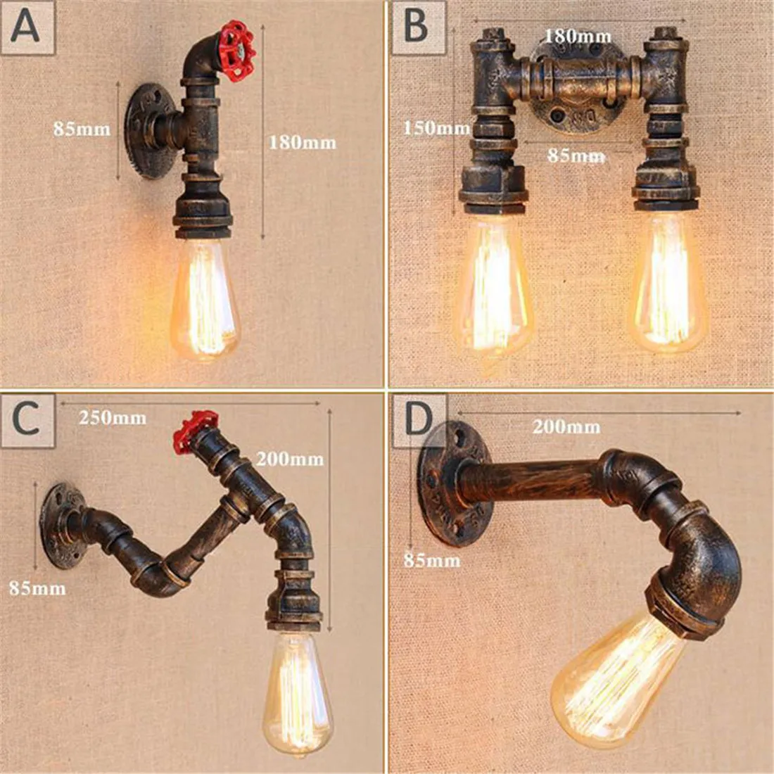 Loft Retro Iron Industrial Water Pipe Wall Light With On Off Switch