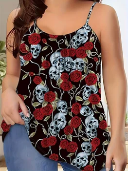 Plus Size Women's Sleeveless T-Shirt - 2025 Summer Skull Print Loose Fit Tank, Gothic Y2K Streetwear Top for Curvy (1XL-5XL) 1