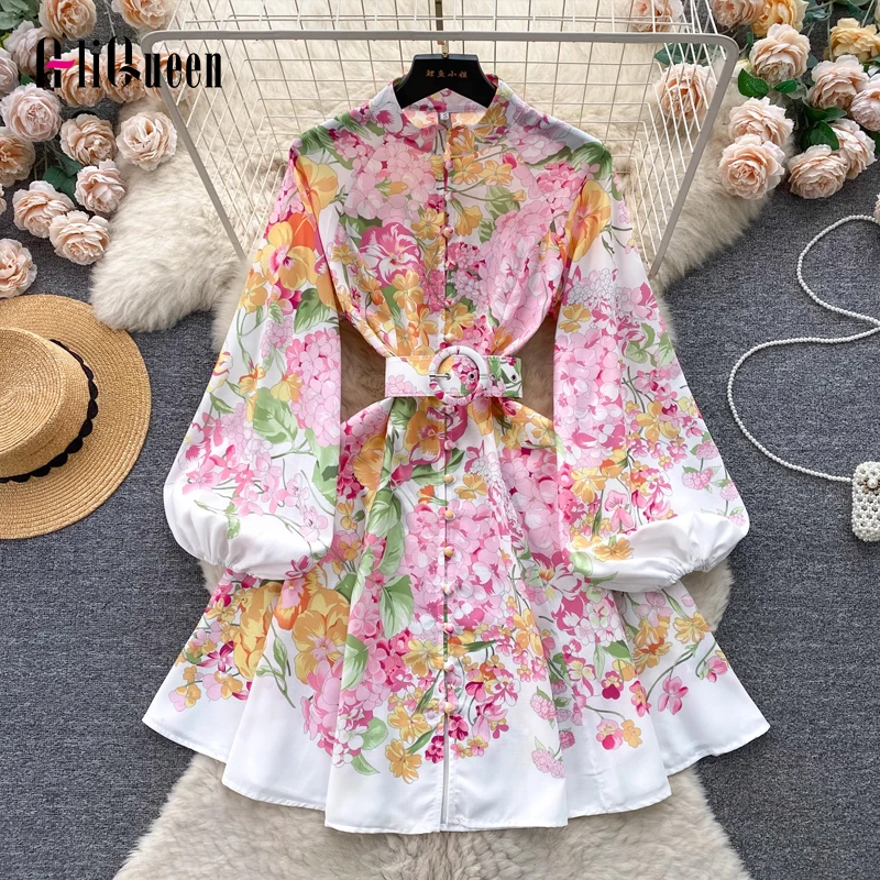 

Women Vintage Court Style Stand-neck Printed Dress Runway Lantern Long Sleeve Belted Slim Mini Party Dresses Vestido Spring Fall