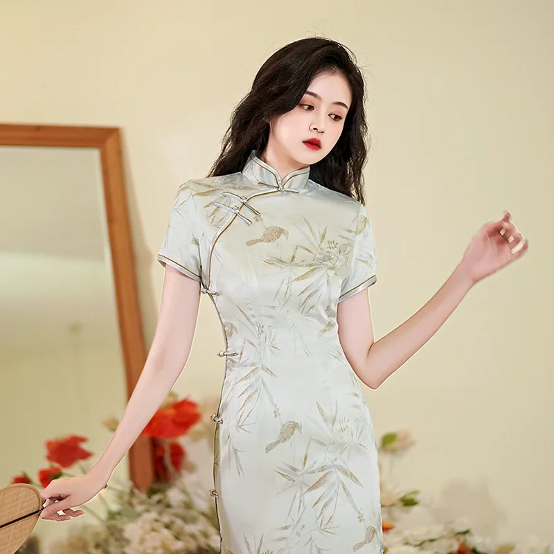 

New Chinese Style Qipao Print Bamboo Cheongsams Elegant Improved Chinese Dress Sexy Vestidos Casual Party Gown Satin Qipaos