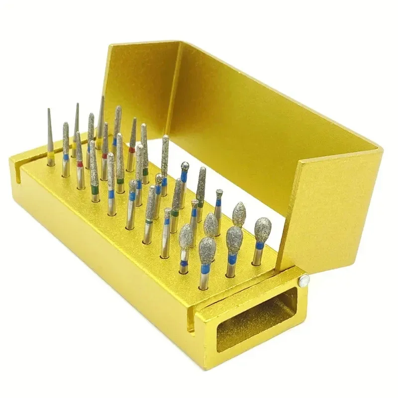 30 Pcs/Set Aluminium Dental Burs Kit With Holder Dental Diamond Burs For High Speed Handpiece Turbine Burs Disinfection Box