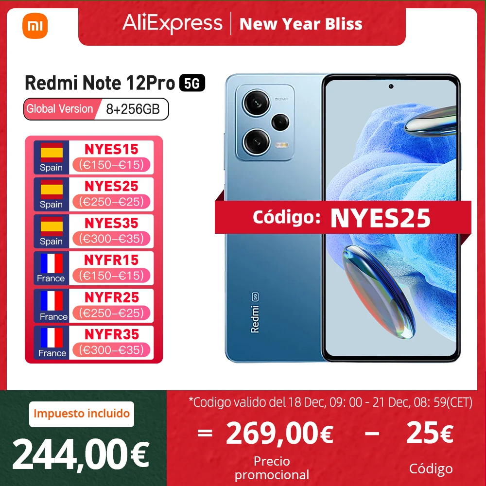 Xiaomi Redmi Note 12 Pro 5G Versión Global  Dimensity 1080 Octa Core 6.67″ OLED 120Hz batería de 5000mAh Carga 67W Cámara de 50MP  NFC