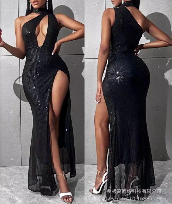 

Black Sequin Hollow Sexy Hanging Neck, Tight Leg Edge, High Slit Slim Fit Dress, Summer Dress, Women's Fashionable Dress
