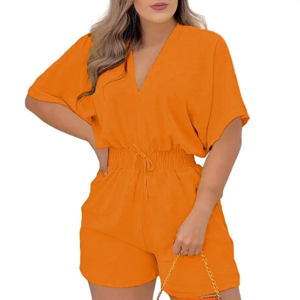 

Jumpsuit Women 2024 Summer Fashion Sleeve Shirred Waist Casual Plain V-Neck Short Sleeve Above Knee Romper Streetwear