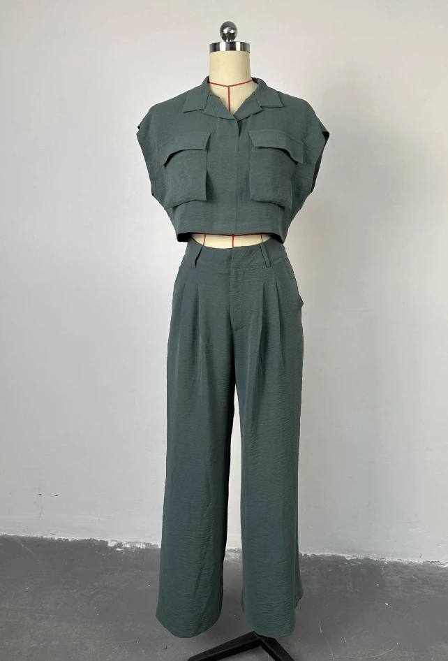 Women 2023 Spring Autumn Fashion Lapel Pocket Short Sleeved Shirt and Wide Leg Long Pants Set New Fresh and Sweet Pant Set