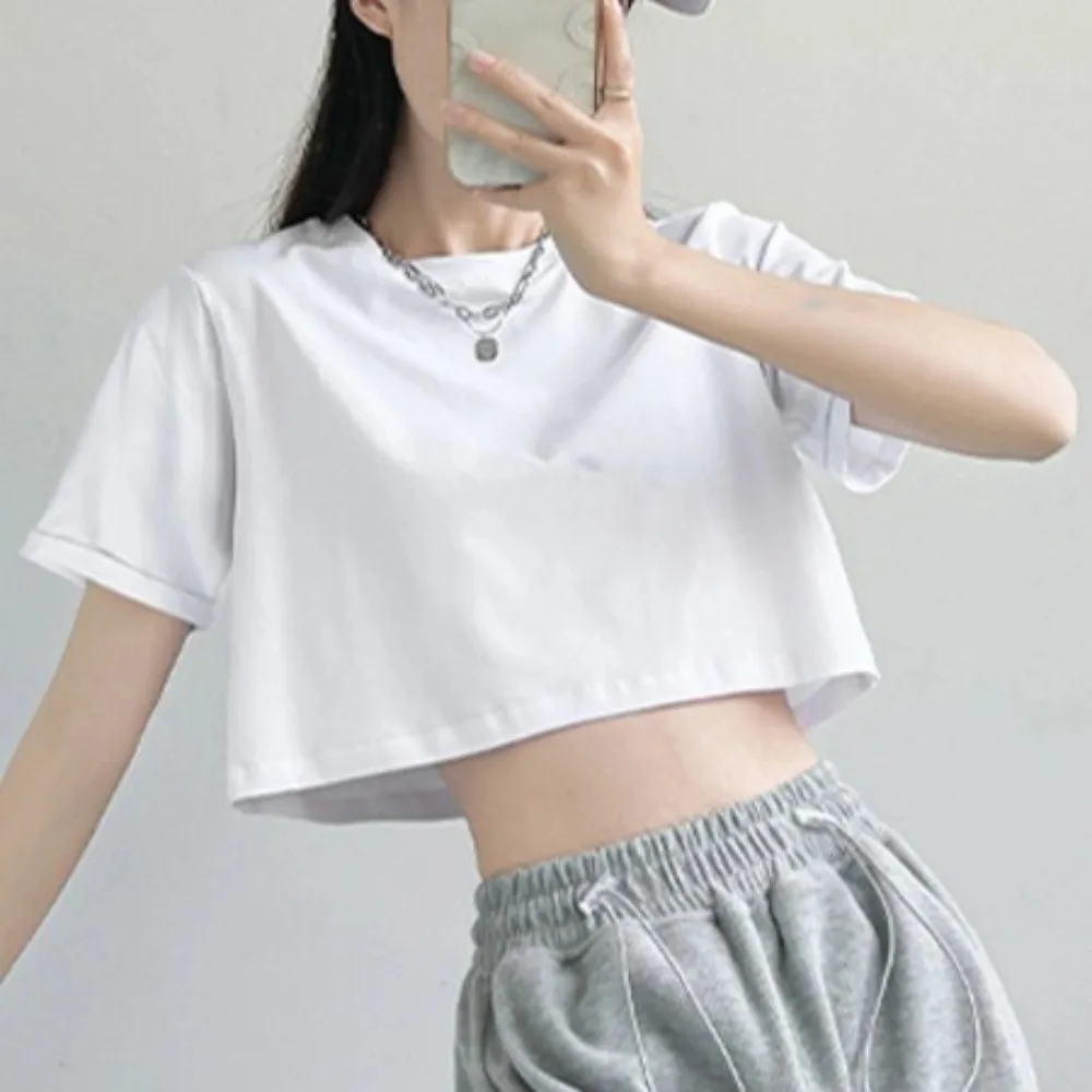 Ins Fashion U Neck Ultra Short T-Shirt Solid Color Korean Style Korean Short Tops Basic T-shirt Loose Black White Crop Top Dance