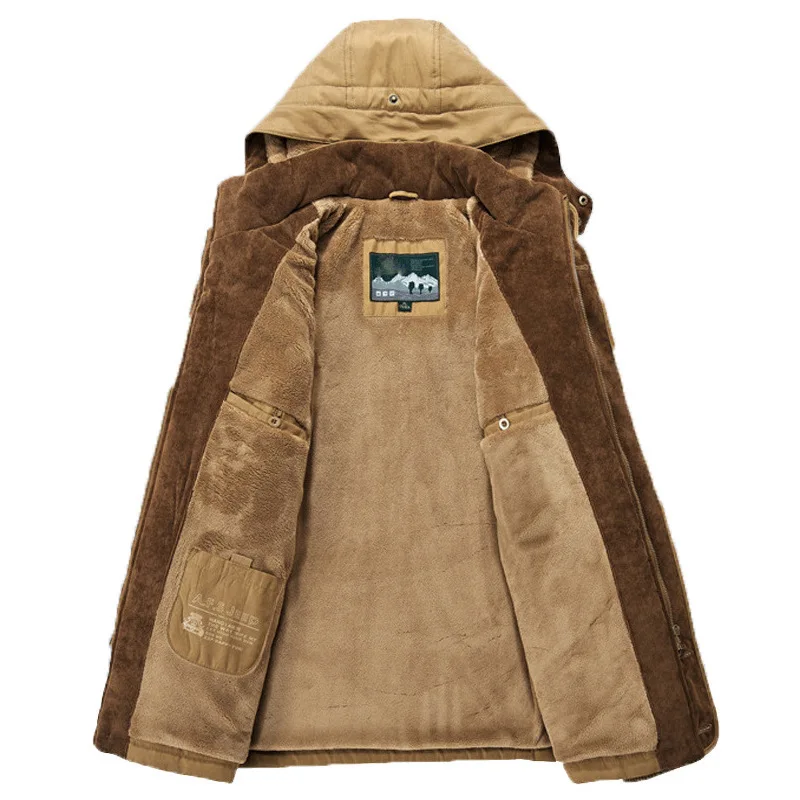 Men's Winter Jacket Parka Plus Velvet Thick Multi Pocket Jackets Solid Parkas Male Plus Size Windproof Fleece Warm Thick Coats 5