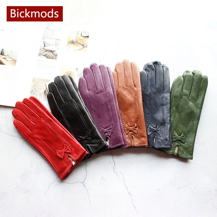 Winter Warm Colored Leather Wloves Women's Fashion Bow Style Sheepskin Autumn Outdoor Cycling Gloves Large Size cosplay gloves