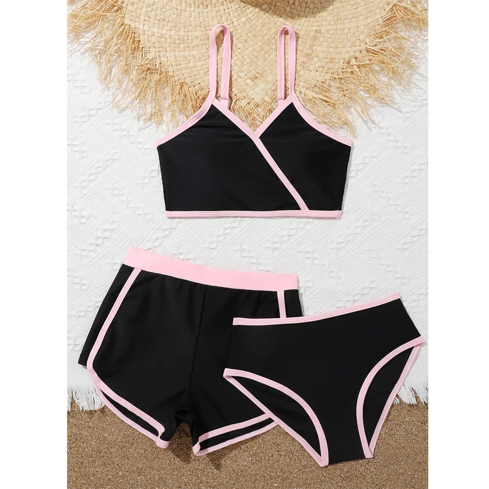 Girls 3pack Black Pink High Waist Bikini Sets with Shorts 7-12 Years Children's Swimwear Sports Bathing Suit Teens