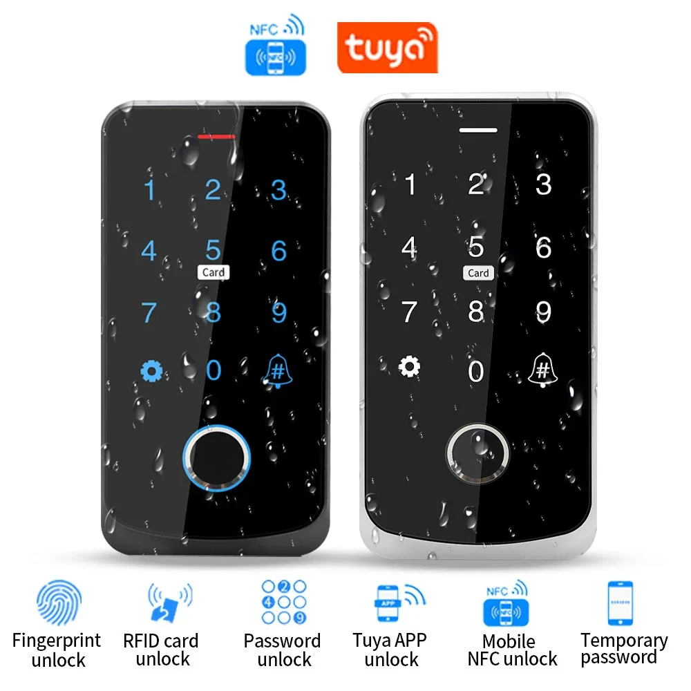 방수 생체 지문 터치 스크린 액세스 제어 키패드, IP65, NFC 블루투스, 투야 앱, RFID IC M1
