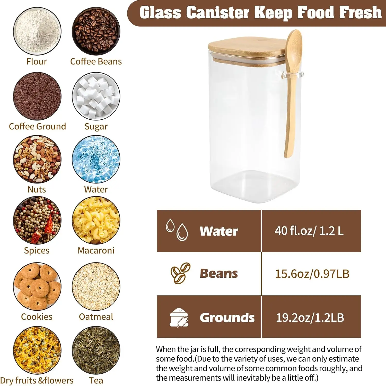 Glass Square Storage Jar with Bamboo Lids Spoon Glass Coffee Canister Food Container for Beans Pasta Candy Spice Rice Loose Tea 3