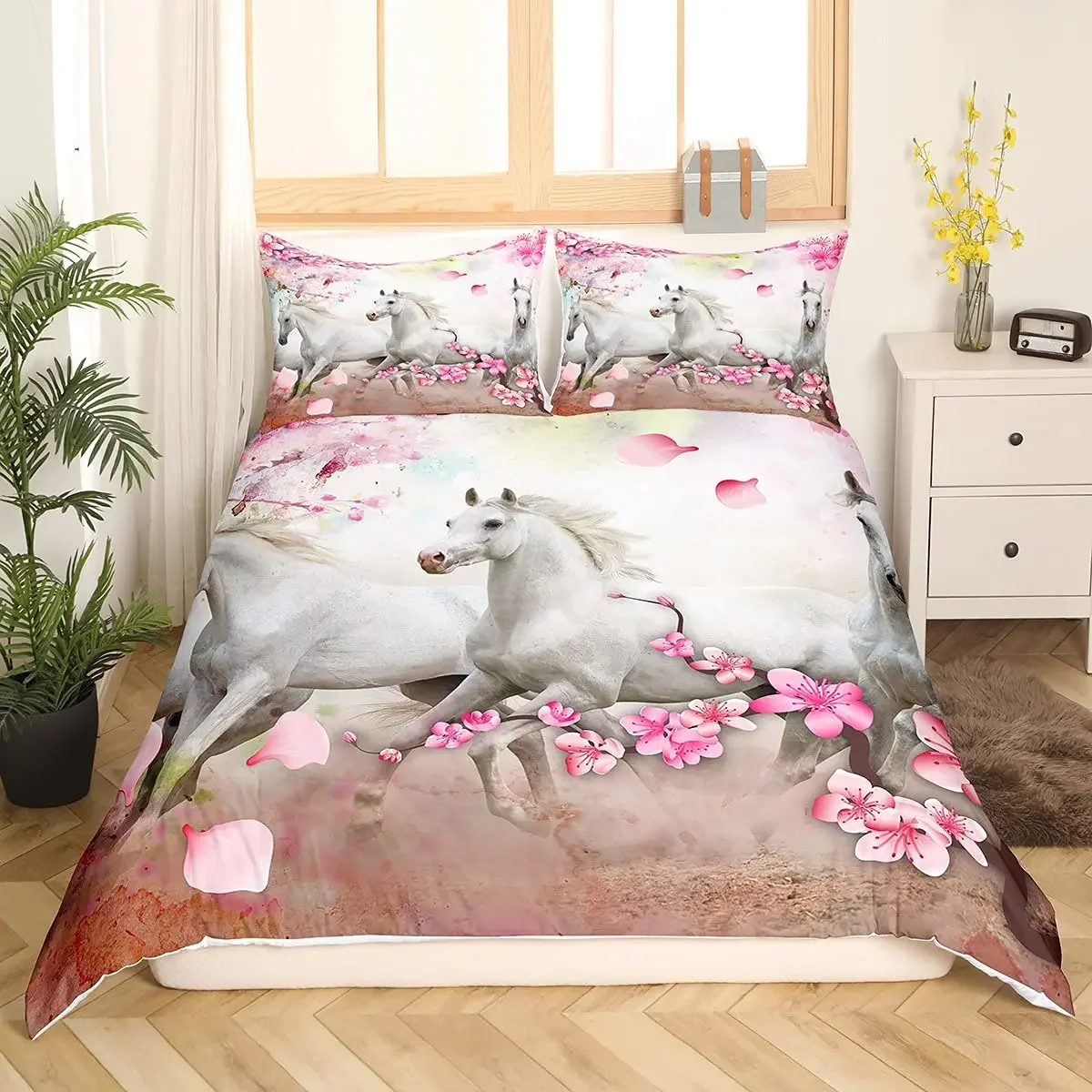 3D Pferd Bettbezug King Queen Size Gelbe Sonnenblume Bettwäsche Set Floral Tier Thema Bettbezug Wildlife Weiche Tröster Abdeckung – Detail 6