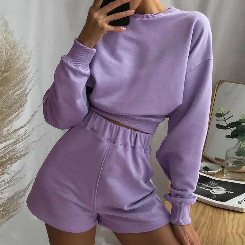 Casual Two Pieces Suits Women Spring Autumn Long Sleeve Tracksuits Solid Shorts Set New Loose Sweatshirt + Sporting Shorts Suits