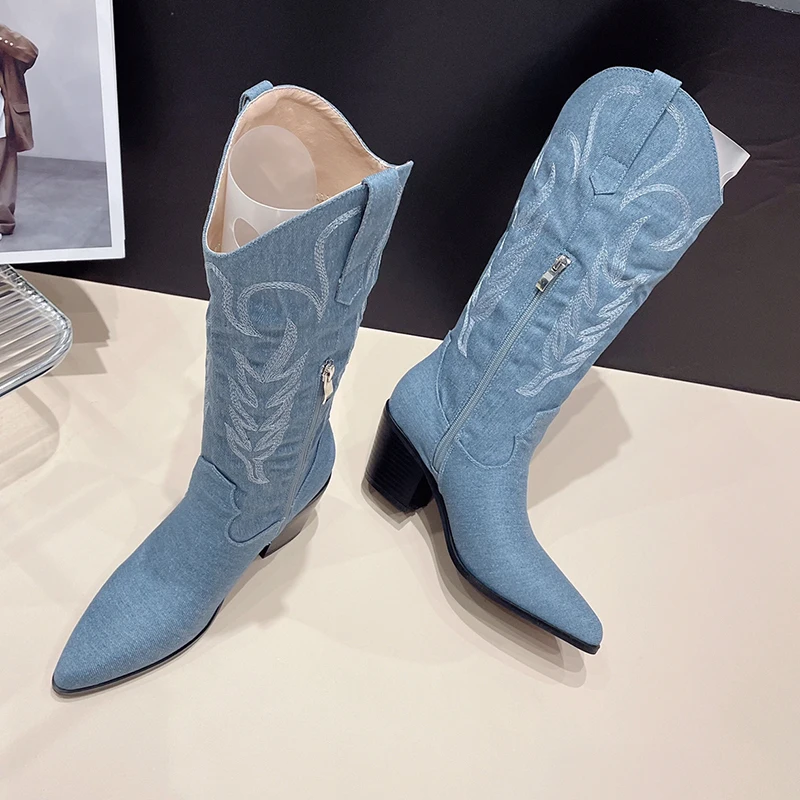 Kcenid Silver Fashion Embroidery Knee High Cowboy Boots For Women Sexy Pointed Toe Square Heels Shoes Female Knight Booties