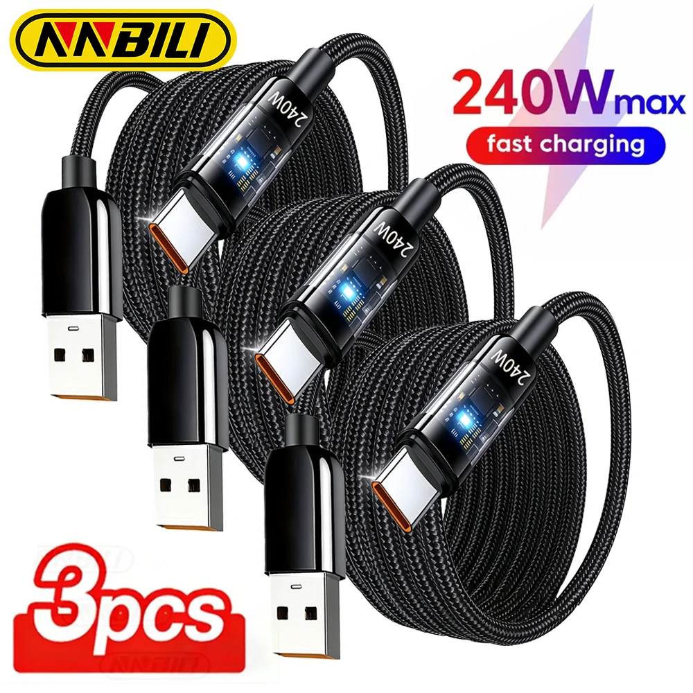 Ultra-Durable 240W USB-C Quick Charging Cable - Nylon Braided Transparent Charger Cord