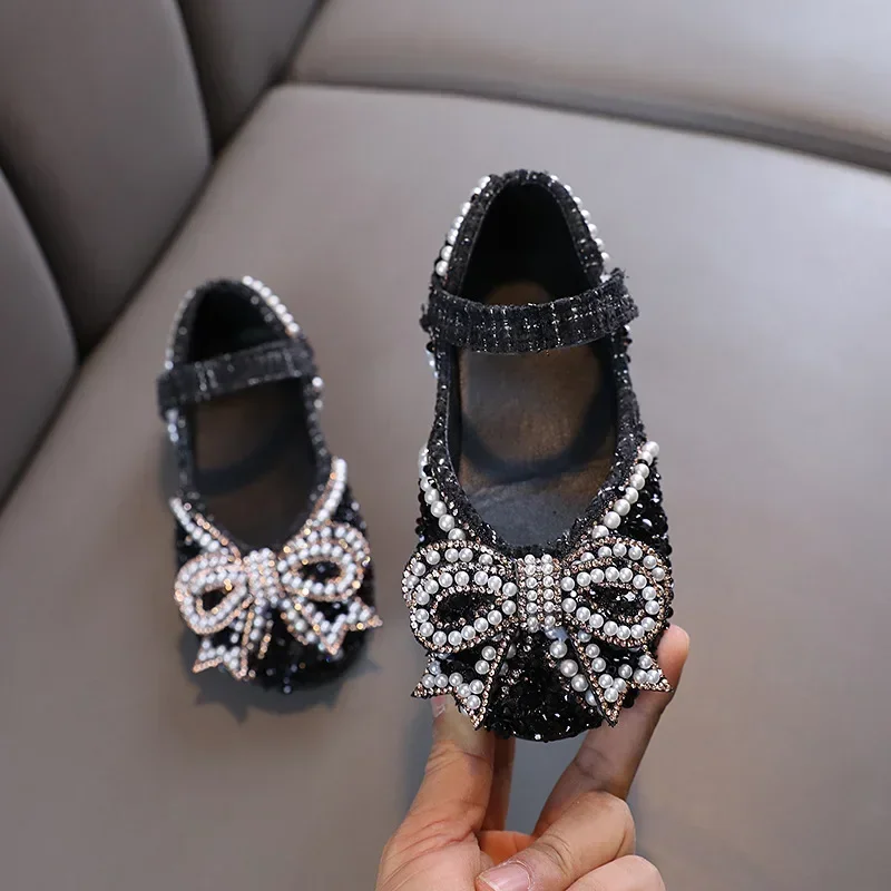 Girls Shoes Bling Single Shoes for Stage Performance Mary Janes Bow Crystal Glitter Wedding Flats Dance Party Leather Shoes New 2