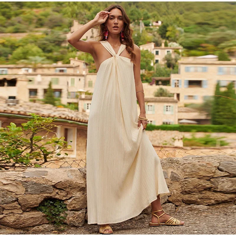 Elegant Solid Halter Women Long Dress Sleeveless Backless Female Maxi Dress Spring Summer New Fashion Lady High Street Robe