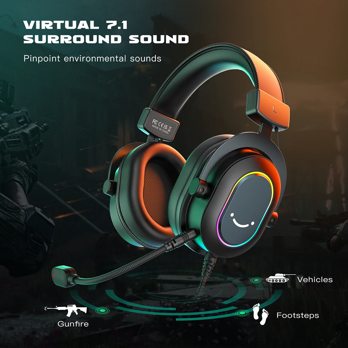 Dynamic RGB Gaming Headset with Mic Over-Ear Headphones 7.1 Surround Sound PS4 PS5 3 EQ Options Game Movie Music