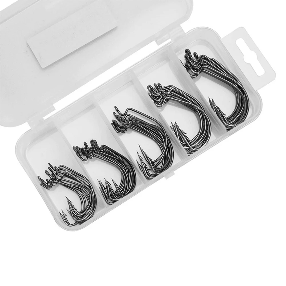 50Pcs/Box Fishing Hooks Set Jig Crank Barbed Hook High Carbon Stainless Steel Wide Gap Offset Fishhook Soft Worm Sea Hook Tackle