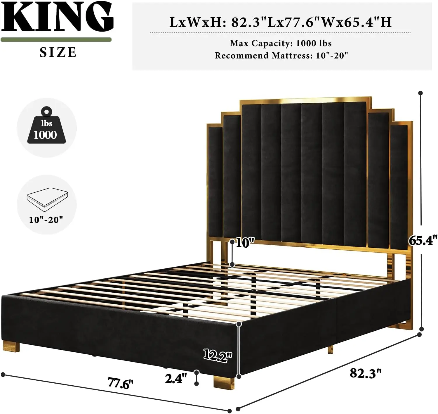 King Size Upholstered Bed, Velvet Beds Frame with 65.4” Tall Gold Trim Headboard, No Box Spring Needed, Bed Frame 2