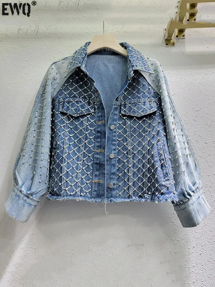 

[EWQ] Luxury High Street Diamond Nail Beads Washed Contrasting Color Patchwork Denim Jacket For Women 2024 Spring Autumn 16U8770